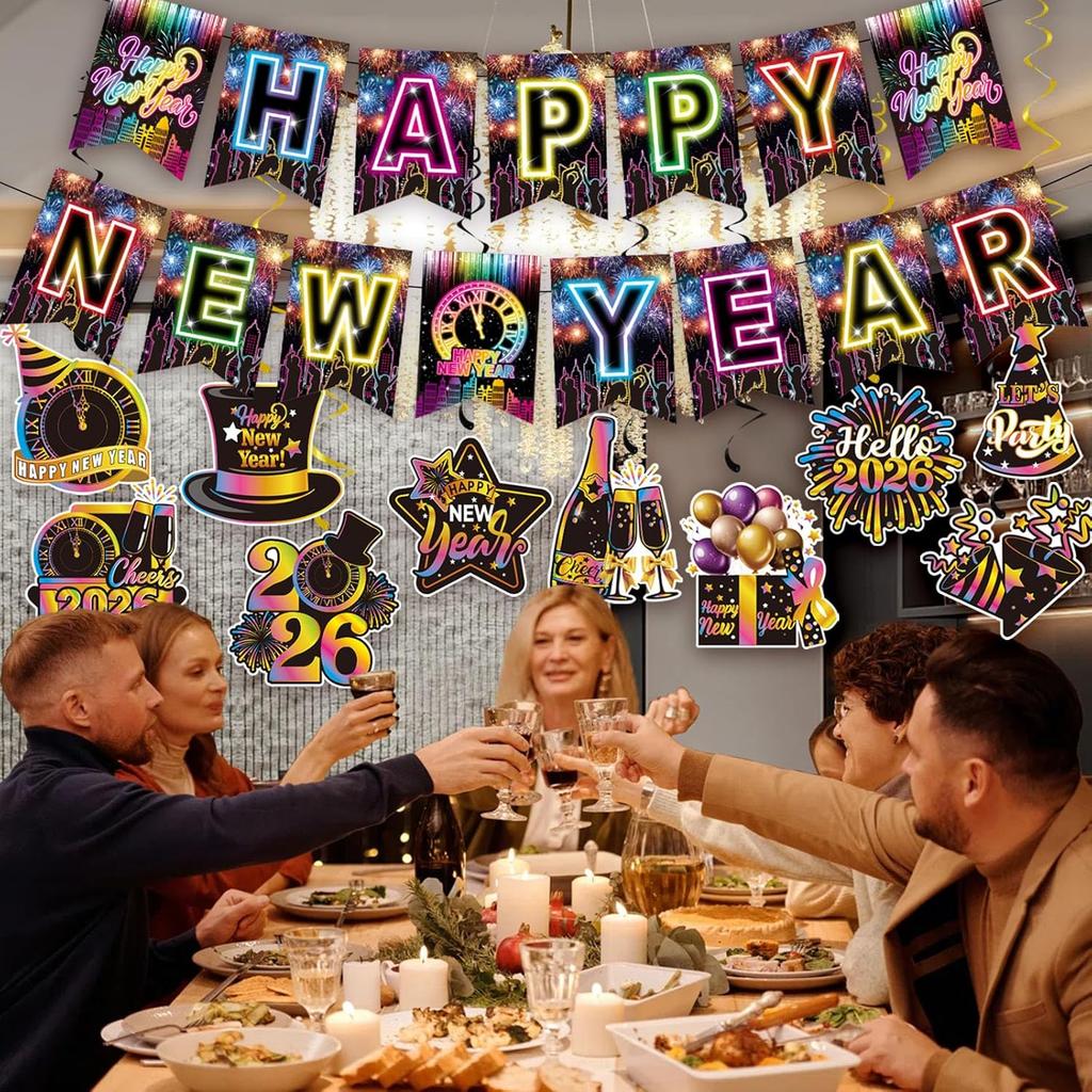 Colorful Happy New Year Banner & Hanging Swirls, Neon Themed 2026 Happy New Years Paper Banner Ceiling Swirl Streamers for New Years Eve Party