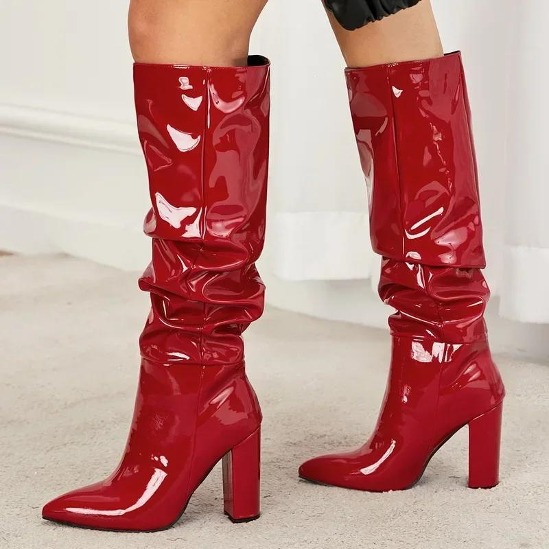 Women Pleated Patent Leather High Thick Heel Long Boots for Office Nightclub Party Wedding Banquet Catwalk Show Botas De Mujer