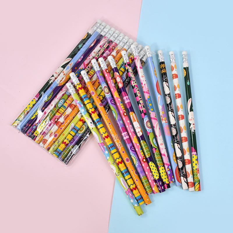 12/24Pcs Easter Wooden Pencils Cartoon Rabbit Egg Writing Pencil Gift Kids Birthday Easter Party Favors Goodie Bag Pinata Filler