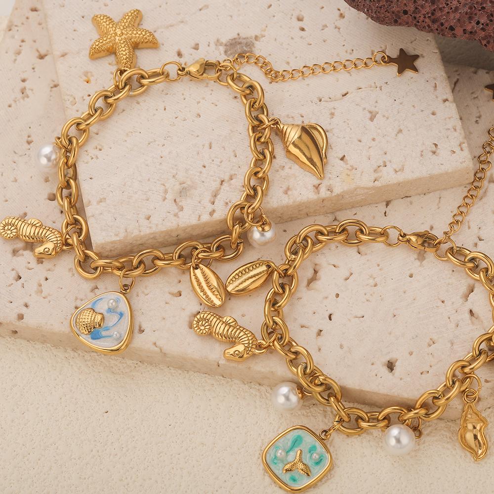 GIOIO Stainless Steel Starfish Seashell Bracelet Gold-Plated Pendant Bracelets For Women Jewelry Waterproof Trendy Jewelry Gift
