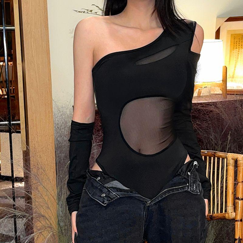 Fashion Sexy Style See-through Mesh Patchwork Shoulder Long Sleeves Jumpsuit Women's Autumn Silm Slim Looking Base Pure Color Tops