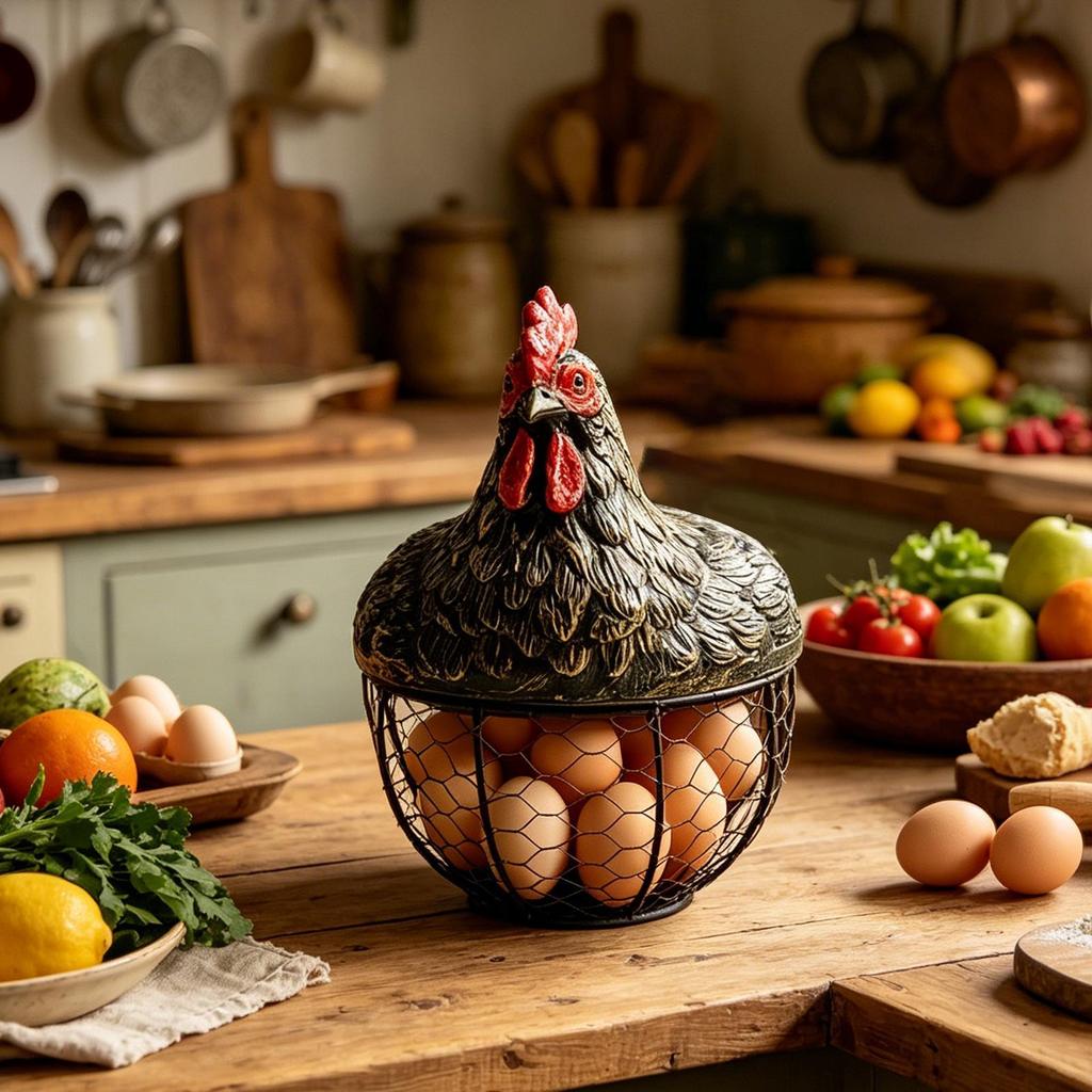 Egg Collecting Basket Chicken Design Lid Organizer Container Portable Round Collectiong Basket For Home Countertop Living Room