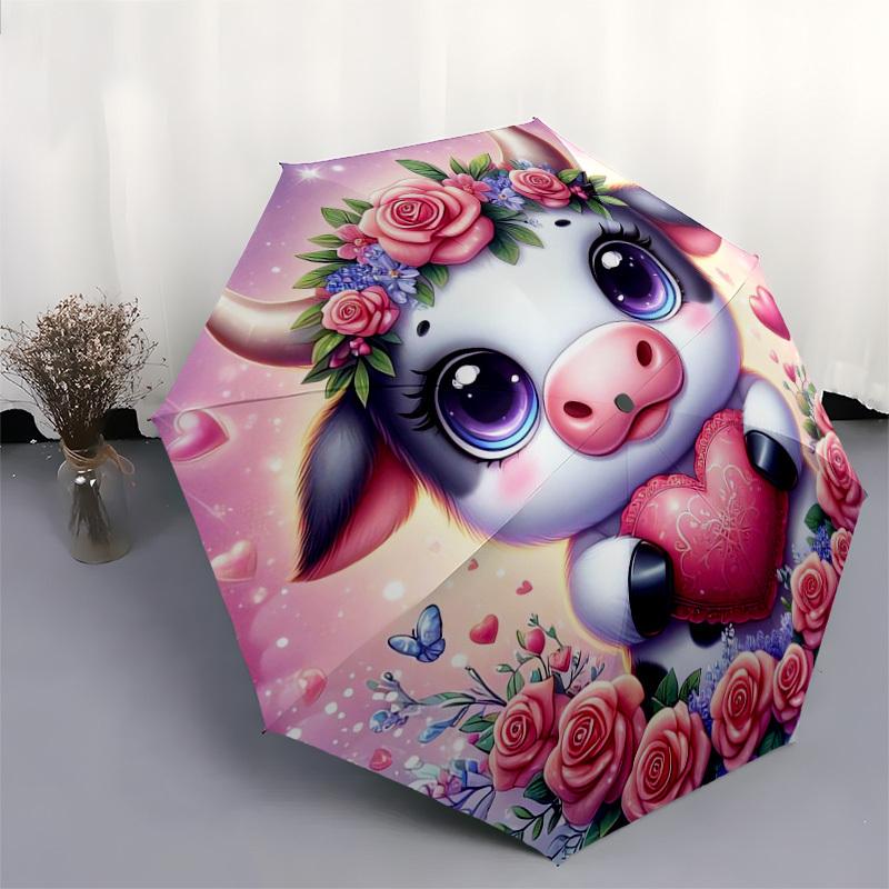 1pc Cute Cow with Floral Heart Umbrella with Plastic Handle,Suitable for All Seasons Home Travel Outdoor UmbrellaDD418