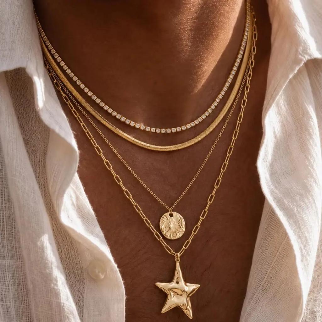 New Fashion Punk Unique Metal Texture Star Pendant Necklace for Men Trendy Creative Inlay Rhinestone Choker Chain Jewelry Gifts