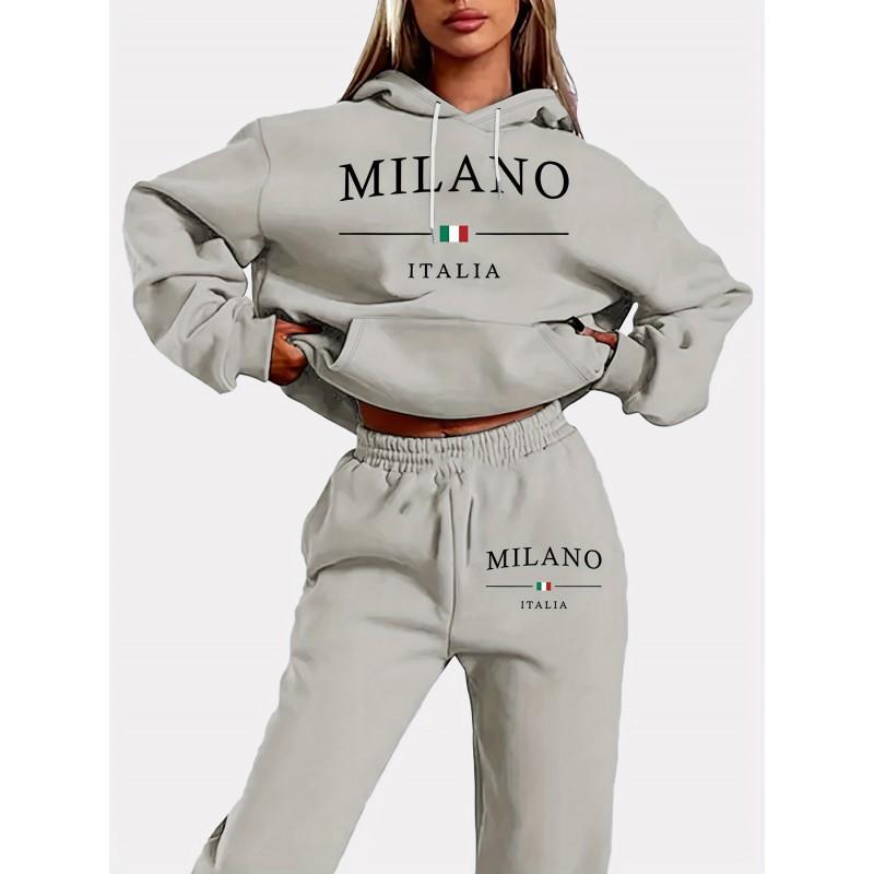 Womens Casual Hoodie Set Long Sleeve Sportswear Street Style Printed Loungewear