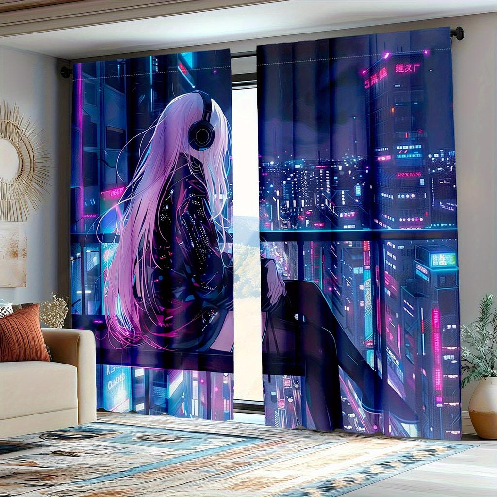Set di 2 Tende per Camera da Letto con Costume Anime Futuristico Paesaggi Urbani Notturni Adatte per Camera da Letto Soggiorno Sala da Pranzo Poliestere Perfette per Area