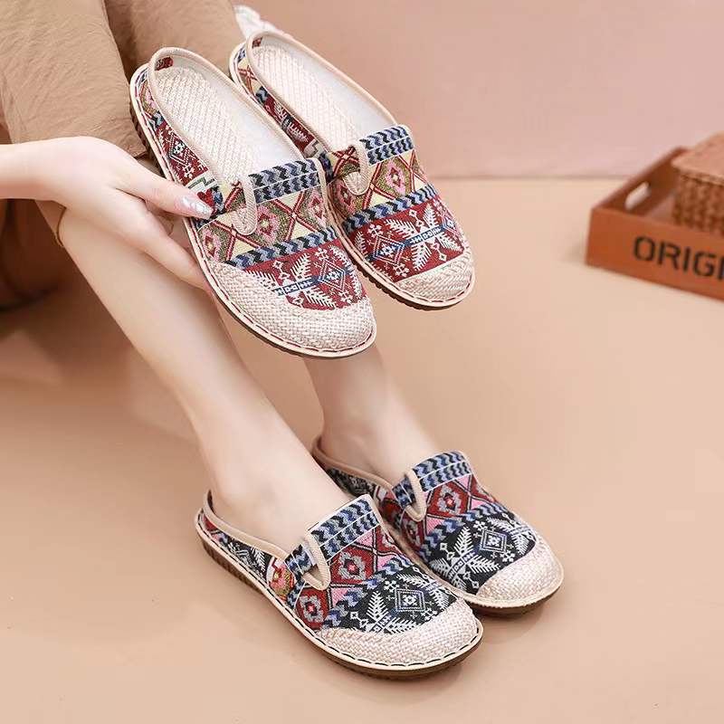 Women Ethnic Print Vintage Slip On Half Slippers Casual Beijing Cloth Daily Mother Shoes