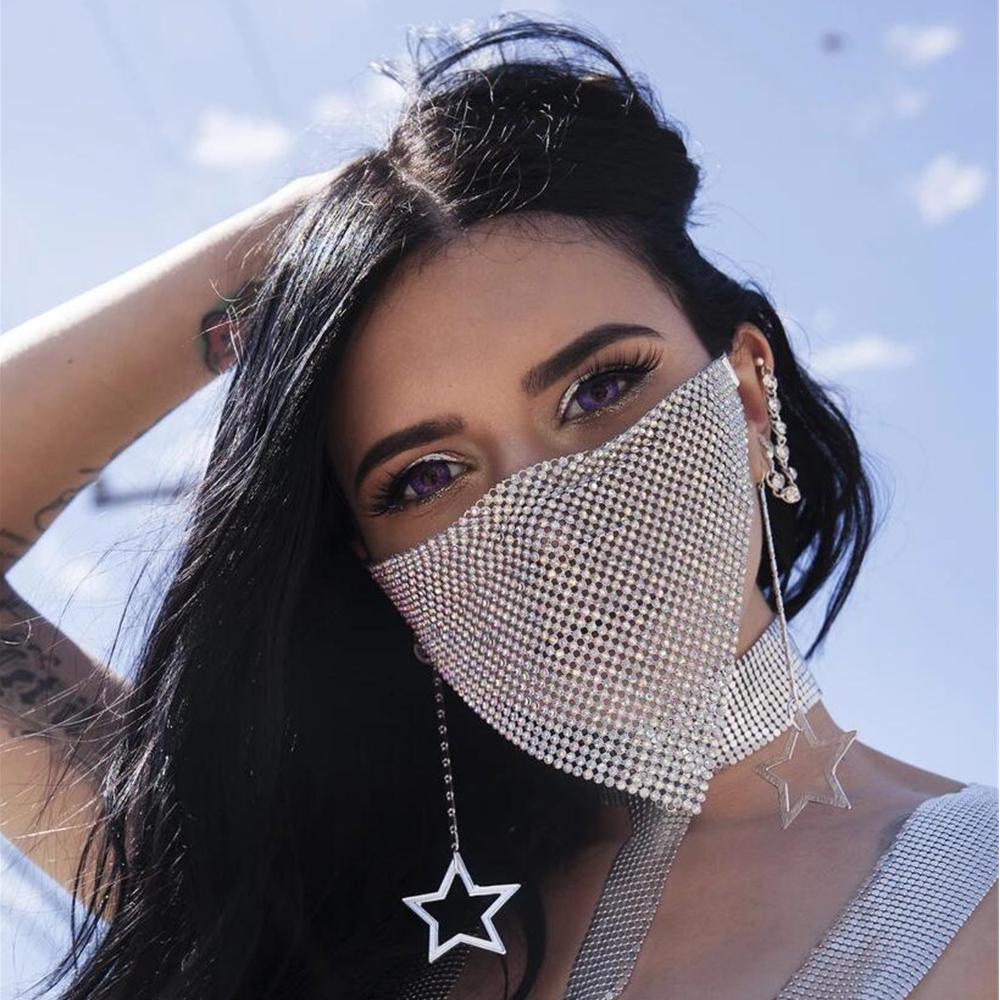Bling Reticulated Rhinestone Night Club Party Adult Face Mask Vintage Trendy Crystal Mouth Mask Popular Dance Exotic Veil Masks