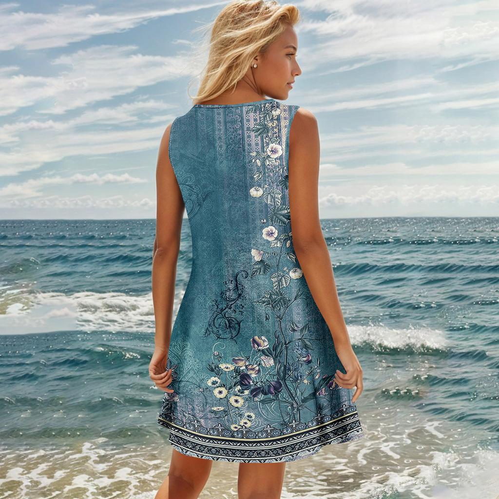 Summer Dresses For Women Beach Boho Sleeveless Printing Flowy Pocket Tshirt Tank Sundresses