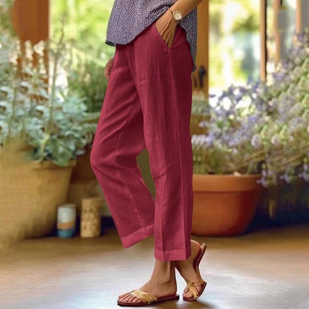 Spring Summer New Women Solid Cotton Linen Wide Leg Pants, Elastic Waist Loose Casual Trousers, Breathable Daily Fashion Bottoms