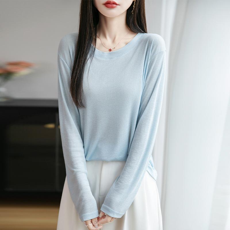 Summer New Crew Neck Knitted Sweater Long-sleeved Solid Color Loose Versatile Pullover Bottoming Shirt Women's Knitted Sunscreen Shirt