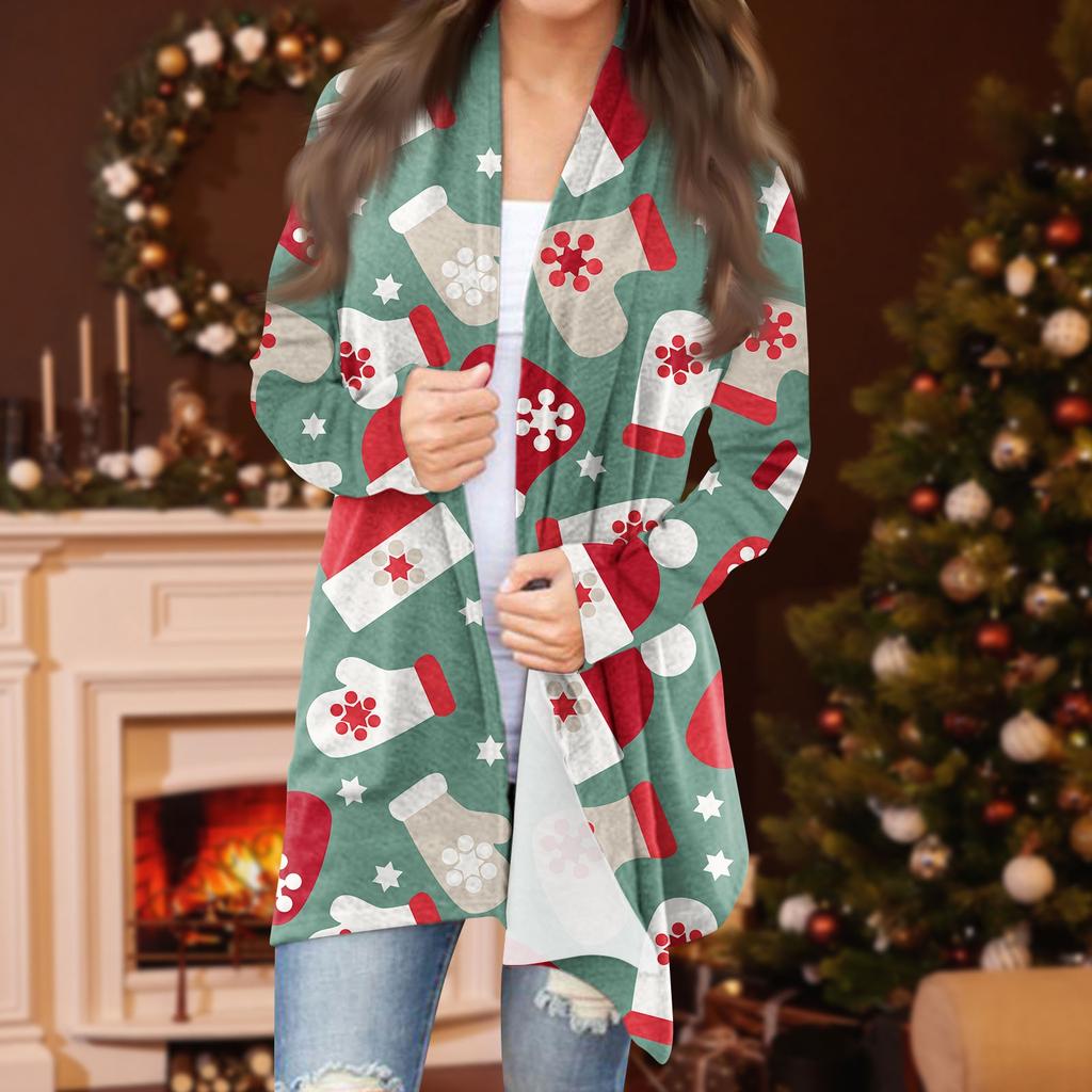 Dámská módní ležérní vánoční bunda se středně dlouhým kardiganem s potiskem