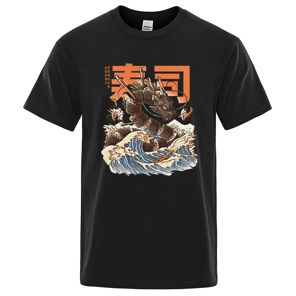 Japan Ukiyo E Style Sushi Dragon Print Man T Shirt High Quality Brand Clothing Loose T Shirts Fashion Cotton Shirt Tops 80408