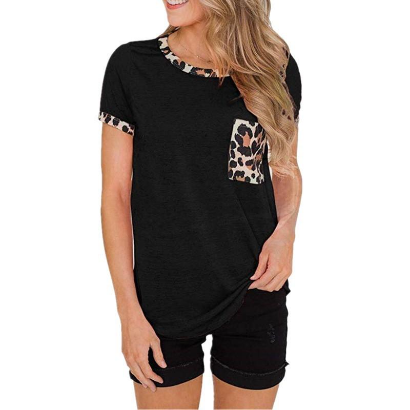 

European American Pocket Contrast Color Short-sleeved T-shirt Women L чёрный