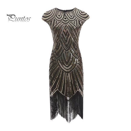 Vestito da sera vintage con paillettes da donna, senza maniche, scollo tondo, chiusura lampo posteriore, orlo con frange, a tubino, vestibilità aderente