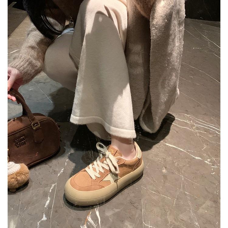 Leather dirty shoes Korean version round head old platform bread shoes retro splicing casual style versatile star board shoes women