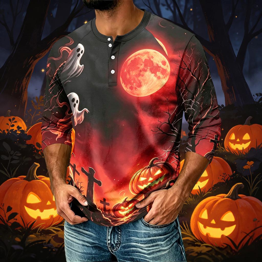 Men's Casual Raglan Three-Quarter Sleeve Shirt Halloween Print