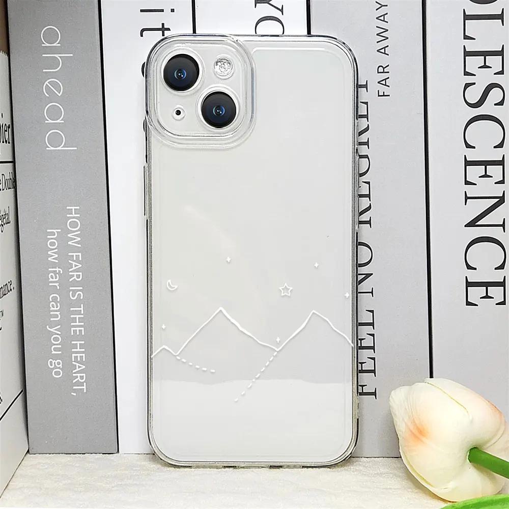Line Mountain Scenery Phone Case for IPhone 16 Pro Max 11 12 13 Mini XS MAX X 7 8 14 15 Plus Cases Simple Sun Moon Couples Cover