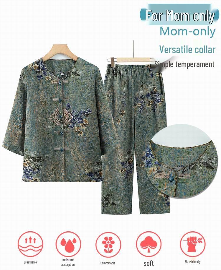 Mother's Day Summer Mid-Sleeve Set for Grandma – Casual Two-Piece Outfit for Middle-Aged and Elderly Women