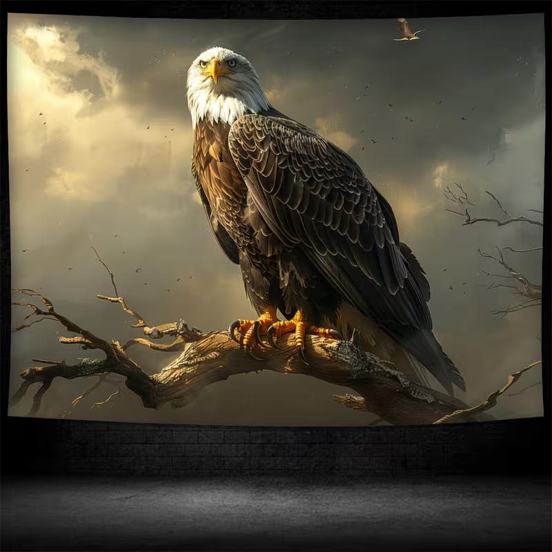 2D Bald Eagle on Branch Tapestry, Powerful Bird Wall Art for Home Decor