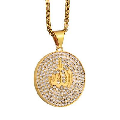 Mystic Muslim Islamic Allah Pendant Male Gold Color Stainless Steel CZ Round Necklace For Men Religious Islam Jewelry Gift
