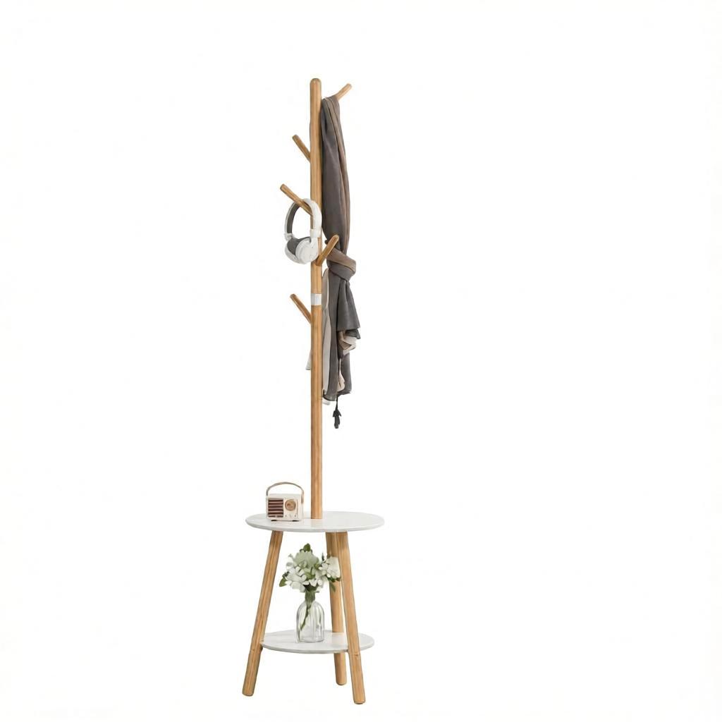 Modern Standing Coat Tree with Round Shelf and Vertical Hook Arrangement, Elegant Hallway Stand, Multifunctional Clothes Rack
