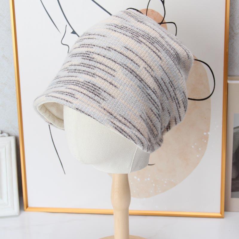 Mixed Color Striped Knitted Pile Hat Women's Autumn and Winter Velvet Thermal Pullover Hat Retro Versatile Bag Head Knitted Hat