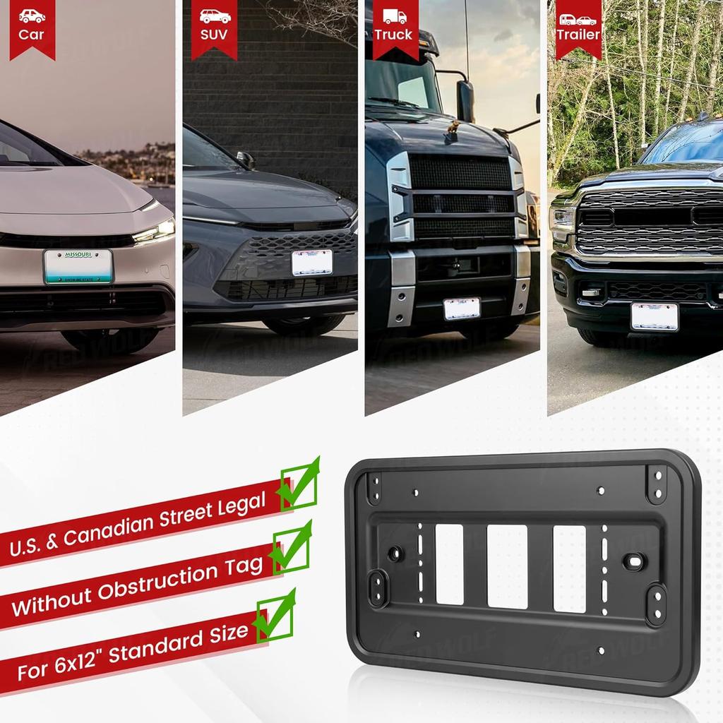 RED WOLF Front License Plate Bracket Frame Fit For US License Plate For SUV Pickup Truck Trailer Reinforce Tag Holder Without Obstruction Rustproof