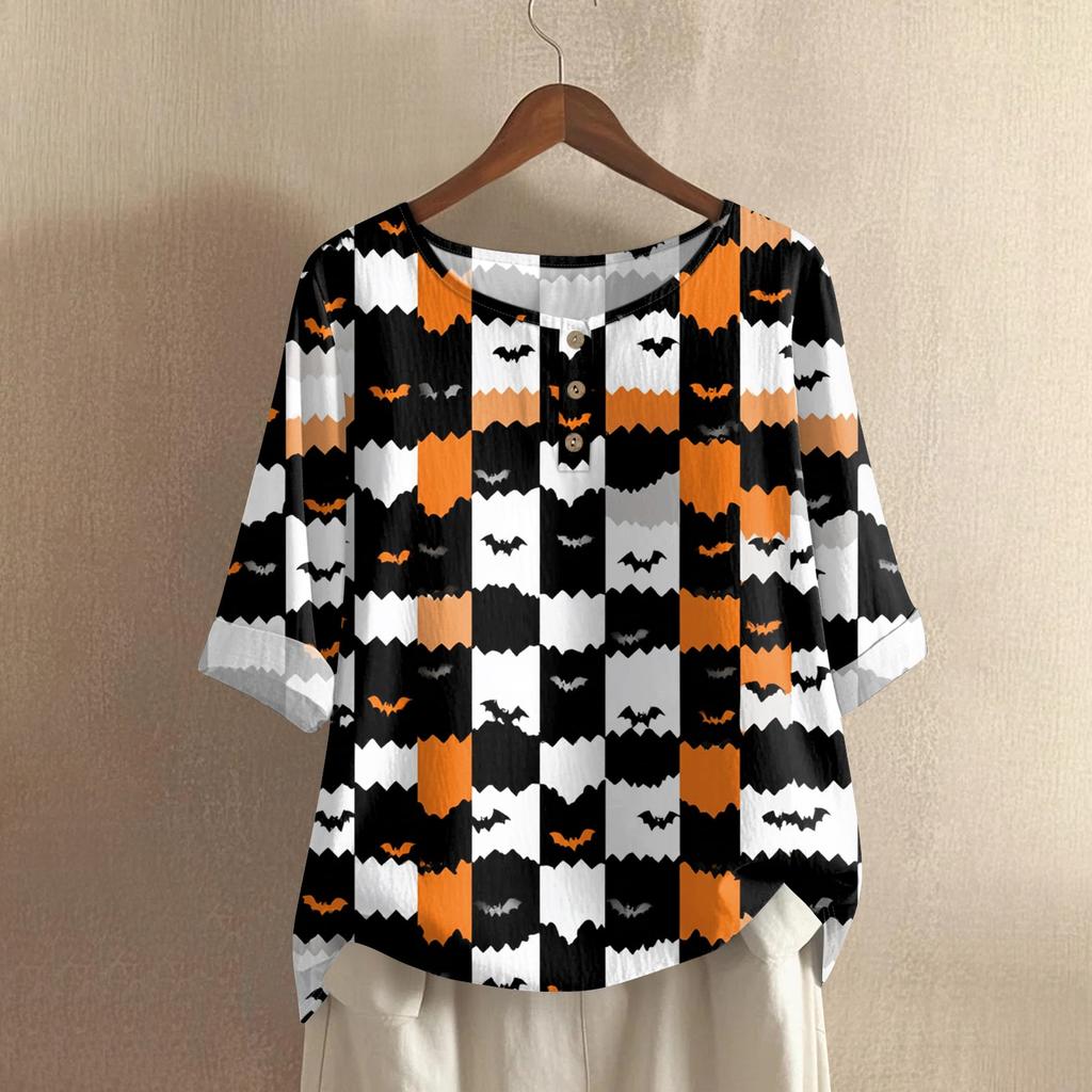 Top Casual da Donna a Manica Media Girocollo con Stampa di Halloween in Cotone e Lino