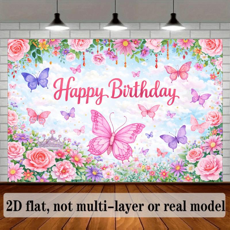 1Pcs Butterfly Pink Roses Birthday Cake Decoration Background Backdrop For Photo Studio Photo Booth Party
