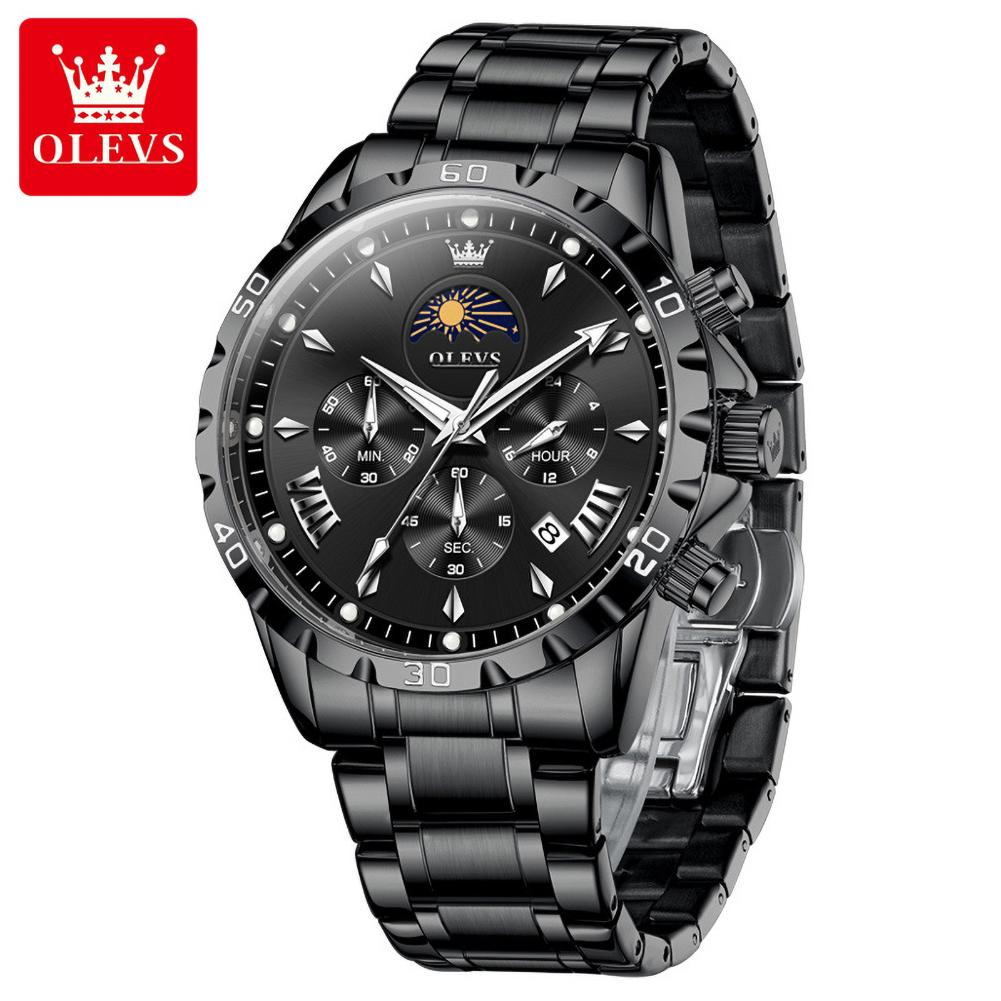 OLEVS Men's Quartz Watch Luxury Original Solid Steel Strap 24Hour Moon Phase Chronograph Waterprof Luminous Watch for Man 2949