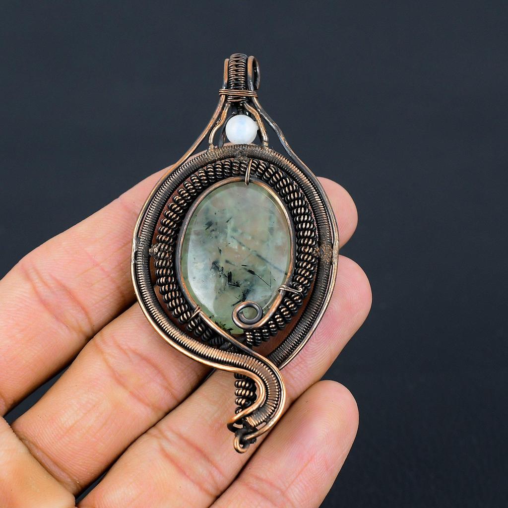 Prehnite, Moonstone Gemstone Pure Copper Wire Wrapped Designer Handmade Pendant Jewelry Gift