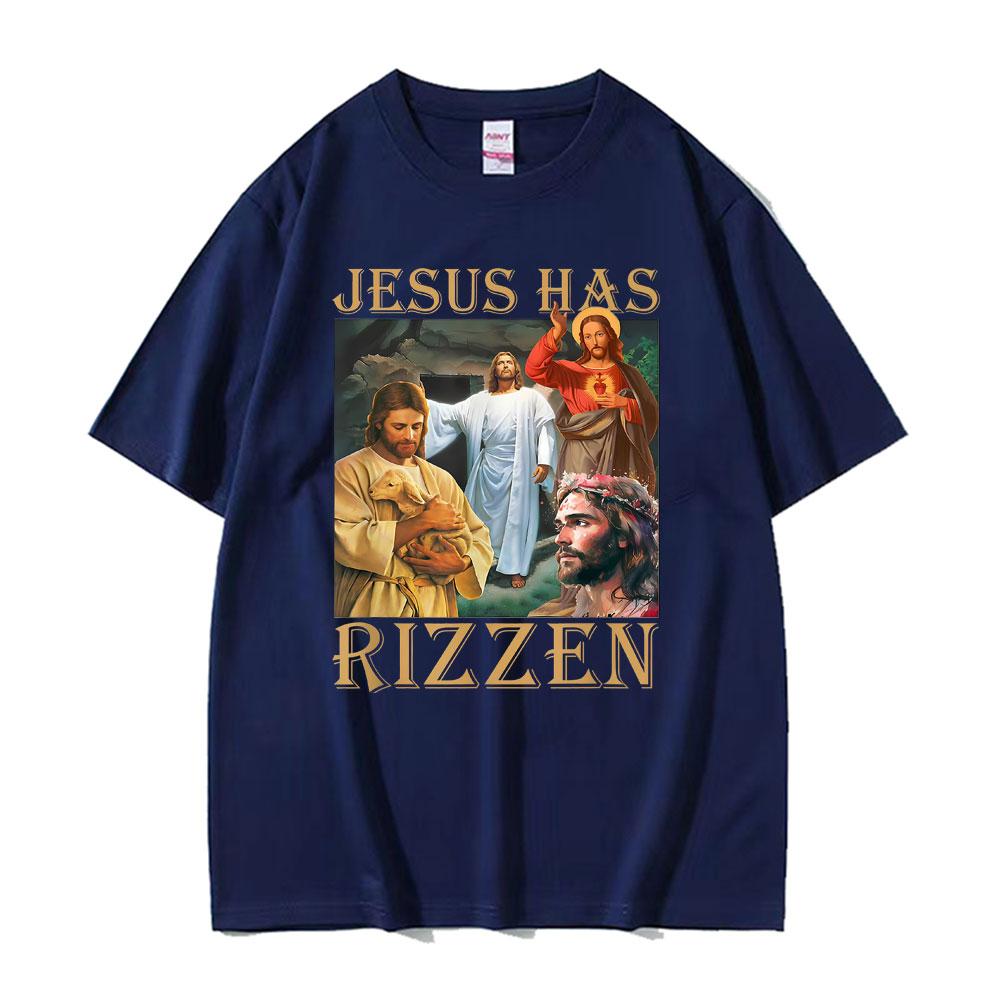 Jesus Has Rizzen Jesus Funny T Shirts Mens Clothing Summer Short Sleeve Pop Vintage Trend Cool Tshirt Cotton Oversized T Shirt