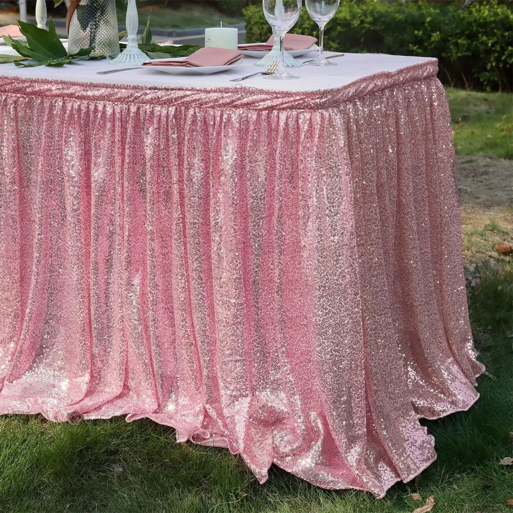 Light Gold Sequin Table Skirt Tablecloth Glitter Sparkly Shimmer Rectangle Table Covers for Birthday Party Event Wedding Decor