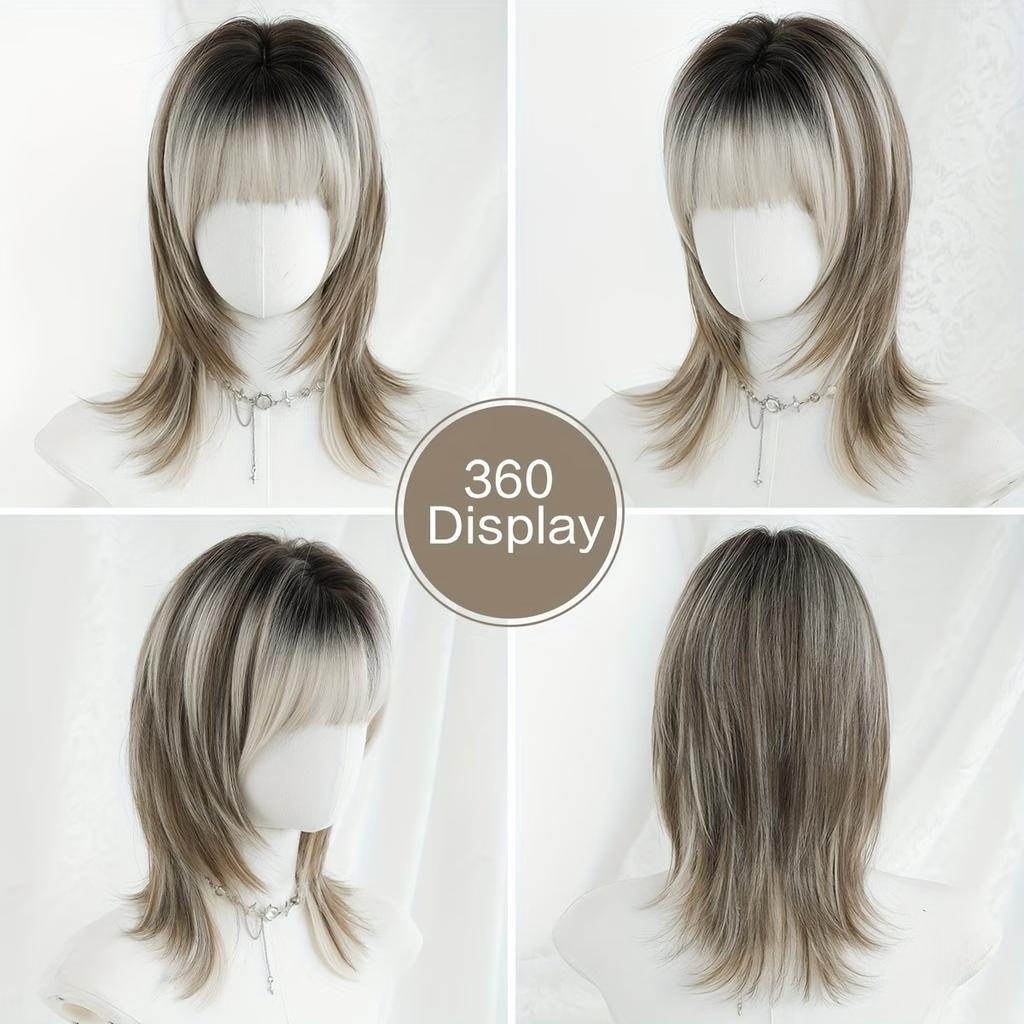 Women Synthetic Shoulder Length Wavy Wigs Stylish Natural Golden Brown Hair with Bangs for Daily Party Costume Heat Resistant Fibre