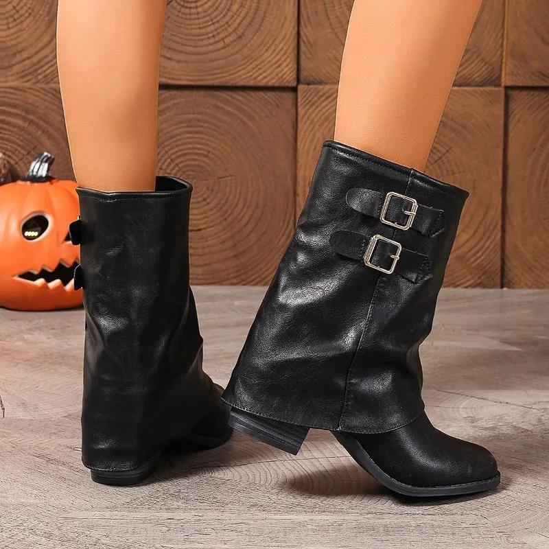 Buckles Trouser Boots for Women 2025 New Autumn Winter Chunky Heels Ankle Boots Punk Cool Comfy Combat Retro Style Ladies Shoes