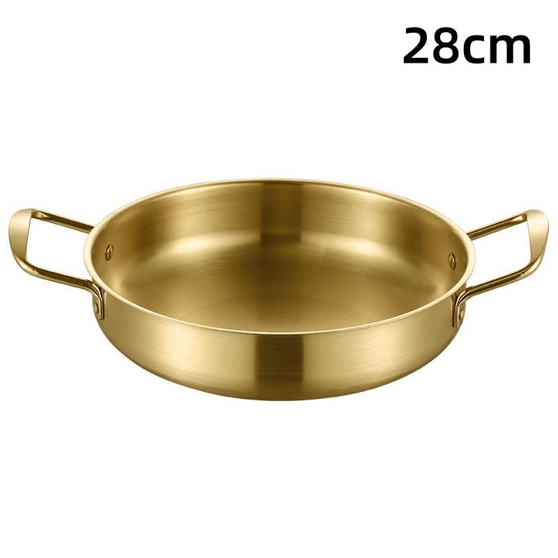 

Утолщенная сковорода из нержавеющей стали 0,8 мм для морепродуктов и хот-пота, золотистая плоская неглубокая сковорода с двумя ручками, прочная многоцелевая кухонная тарелка 28cm золотой