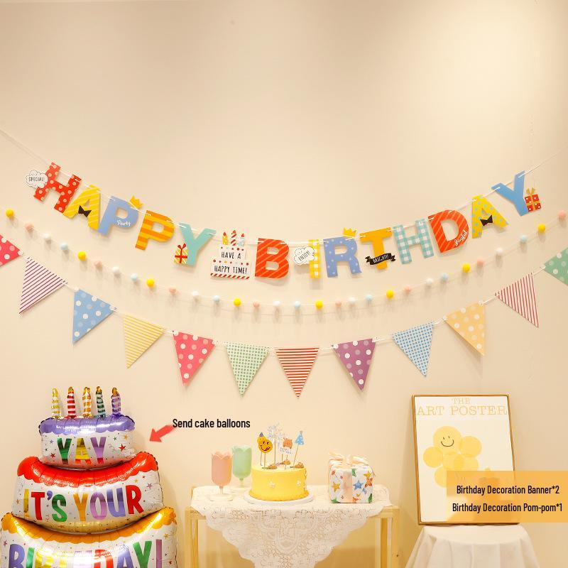 First Birthday Party Hanging Decoration: Happy Birthday Banner with Pom Poms and Bunting for Kids.