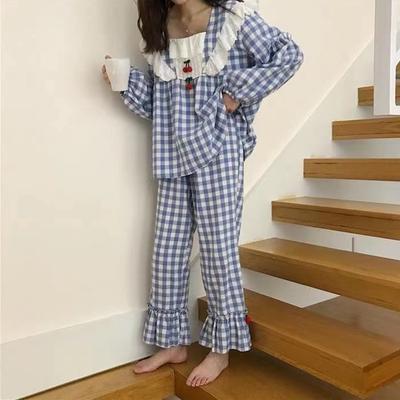 Leisure Wear Women Pajamas Sleepwear Female 2 Piece Set Grid Cherry Decoration Nightwear Pyjamas Home Clothes Loungewear