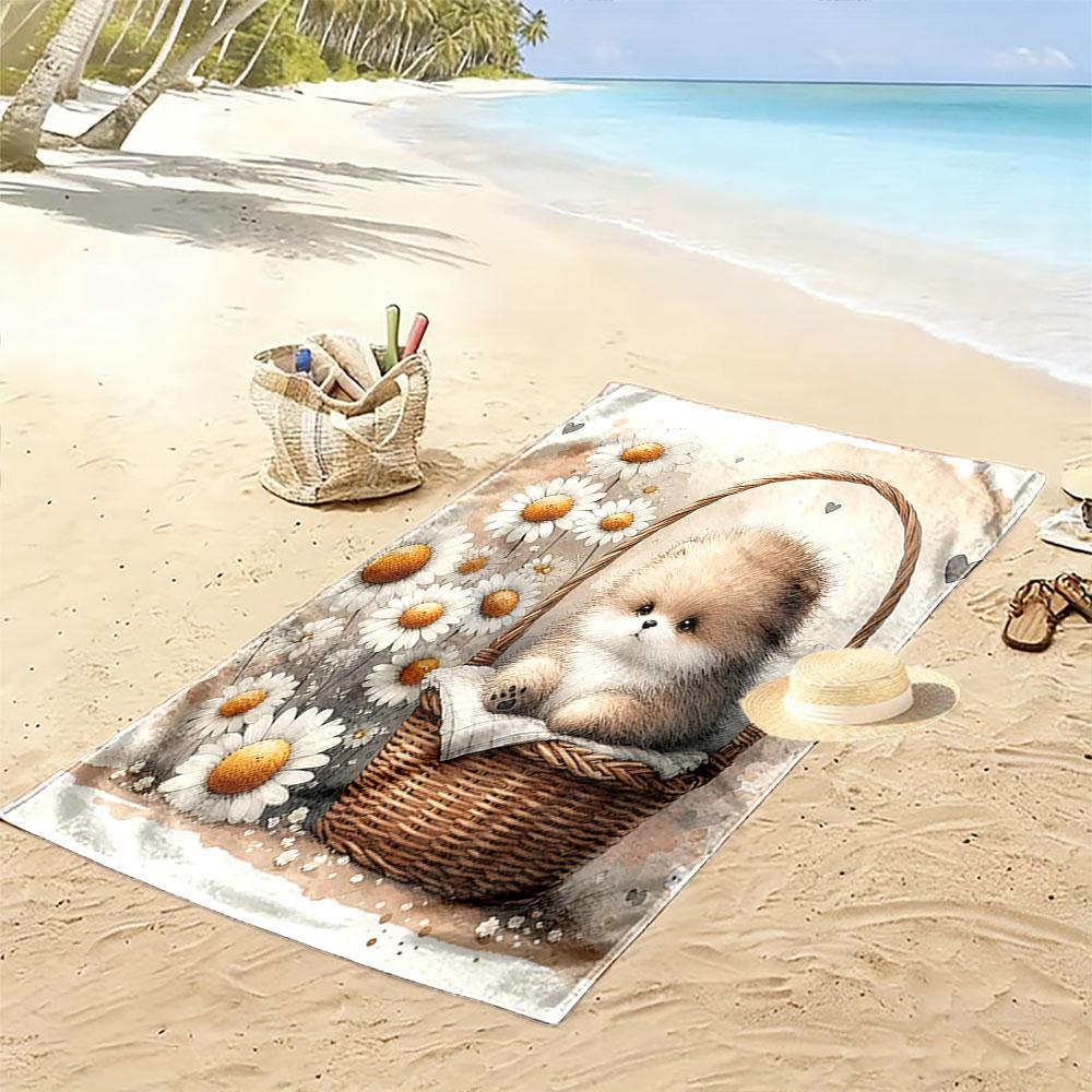 Fluffy charm amidst daisies Print beach towel, quick drying, suitable for travel, outdoor sports, jogging, the beach and swimming, gift