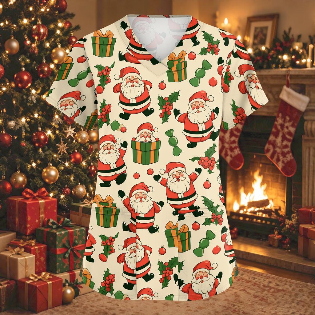 Women's V-Neck Short Sleeve Christmas Print Work Tunic Top with Pockets and Side Slits