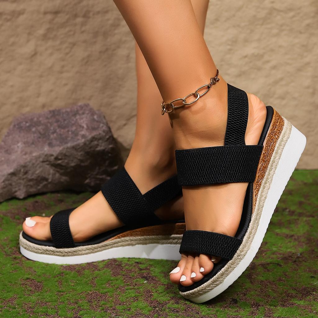 Women's Wide Width Platform Sandals, Peep-Toe Elastic Slip-On Wedges, Summer Wholesale Slippers In Stock