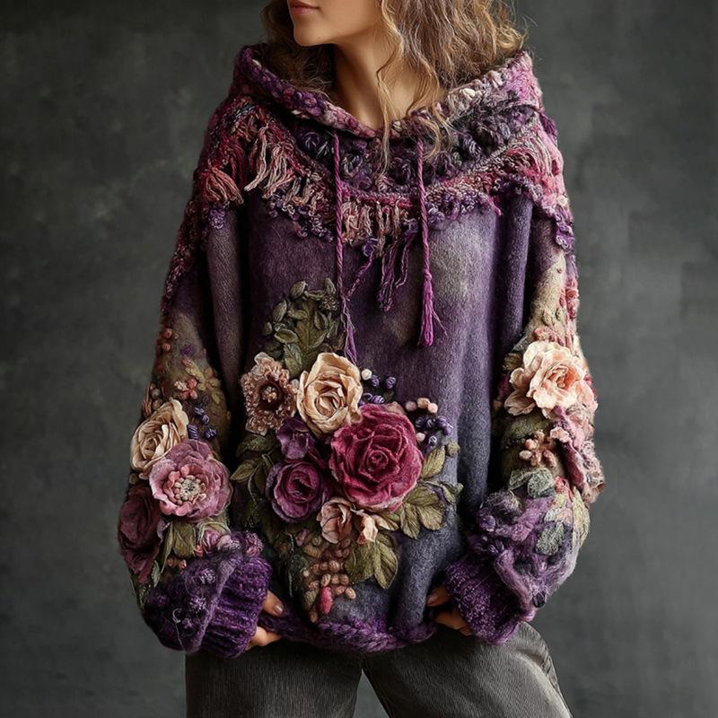 Women's Hooded Long Sleeve Sweatshirt Regular Fit Vintage Style 3D Digital Printed Thick Pullover Hoodie Bohemian Winter Casual Top