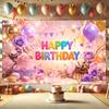 Vibrant Pastel Floral Arrangement with Rainbow Happy Birthday Lettering, Golden Balloons, Purple Roses, Confetti Streamers and Sparkling
