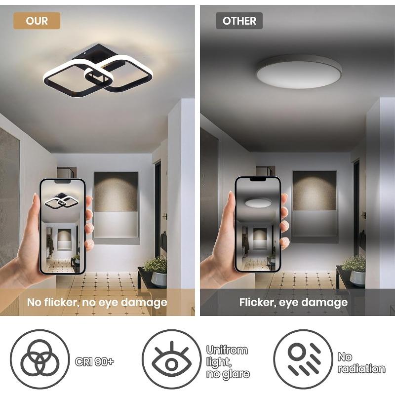 LED Ceiling Light Fixture 4500K Modern Black Square Close to Ceiling Lamp for Bathroom Bedroom Kitchen Balcony Stair Hallway Lighting