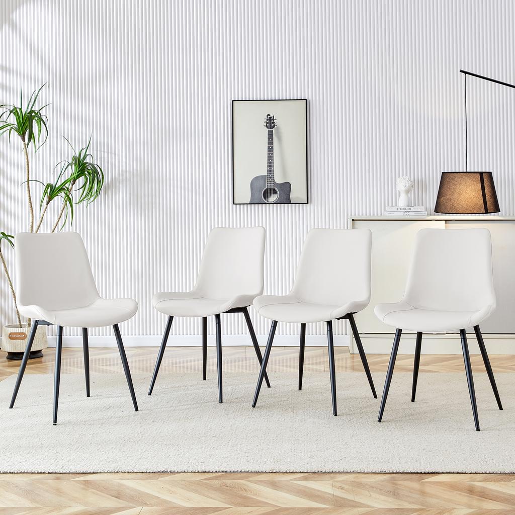 4-teiliges Set weiße Kunstleder-Esszimmerstühle: Modernes Design mit verbreiterter Sitzfläche, Rückenlehne und rutschfesten Metallfüßen für Zuhause und Büro.