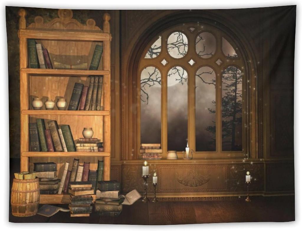 Retro Bookshelf Tapestry Vintage Library Wall Hanging Tapestries,Old Books On Shelf Classical Study Room Student Study College
