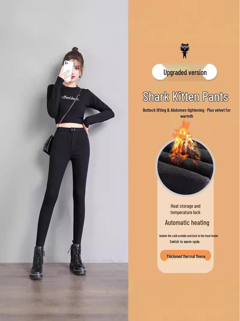 Hohe Taille Schwarze Fleece-gefütterte Koreanische Katzen-Leggings für Damen - Dehnbar, Skinny Fit Bleistifthosen