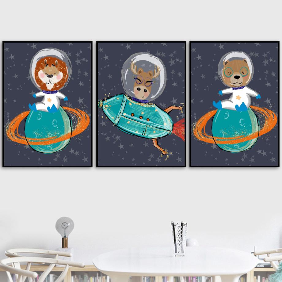 Weltraum Astronaut Fuchs Löwe Bär Waschbär Reh Wandkunst Leinwandbild Nordische Poster Und Drucke Wandbilder Baby Kinderzimmer Dekoration