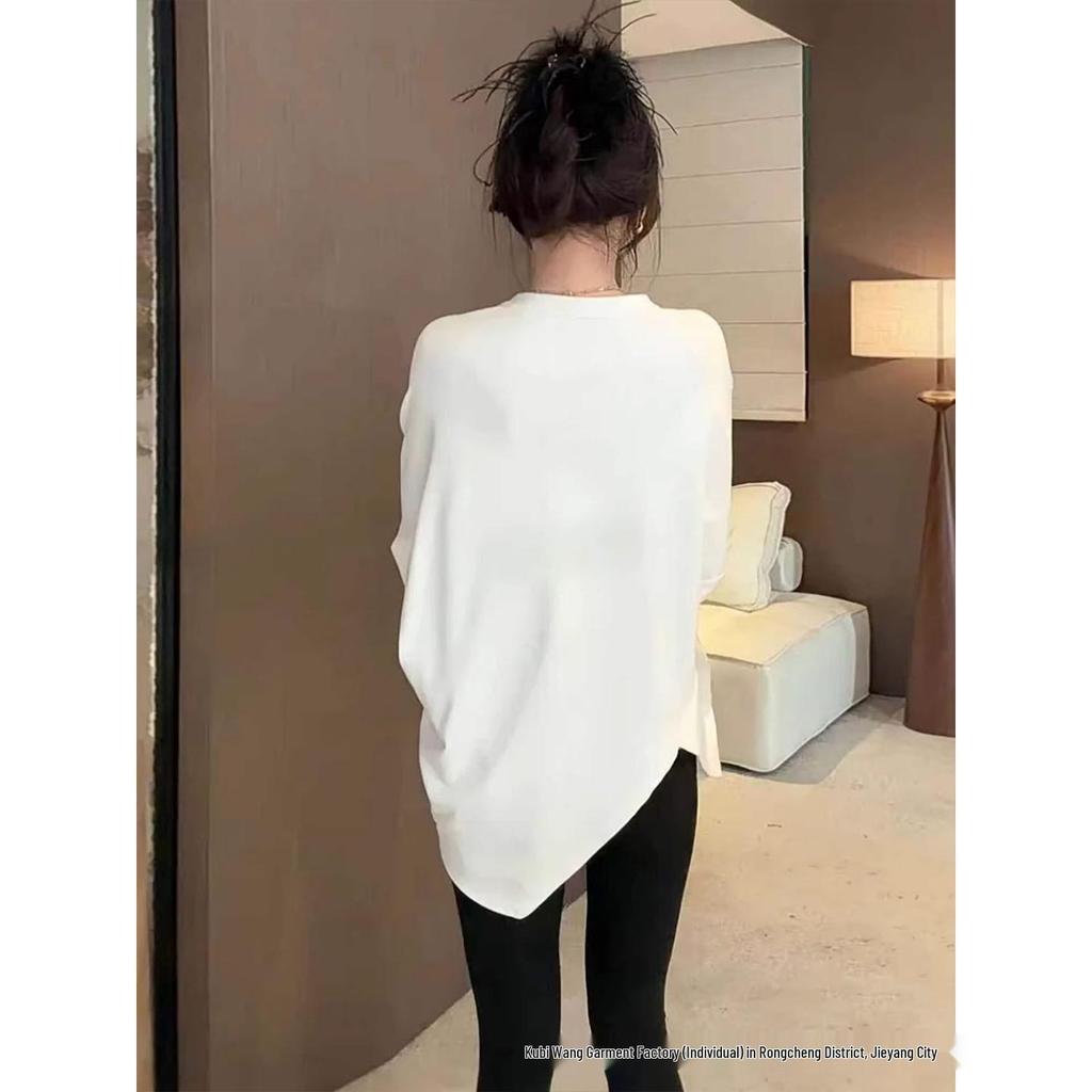 White Irregular Split Long Sleeve Women's Mid-Length Fleece T-Shirt for Spring, Autumn, and Winter